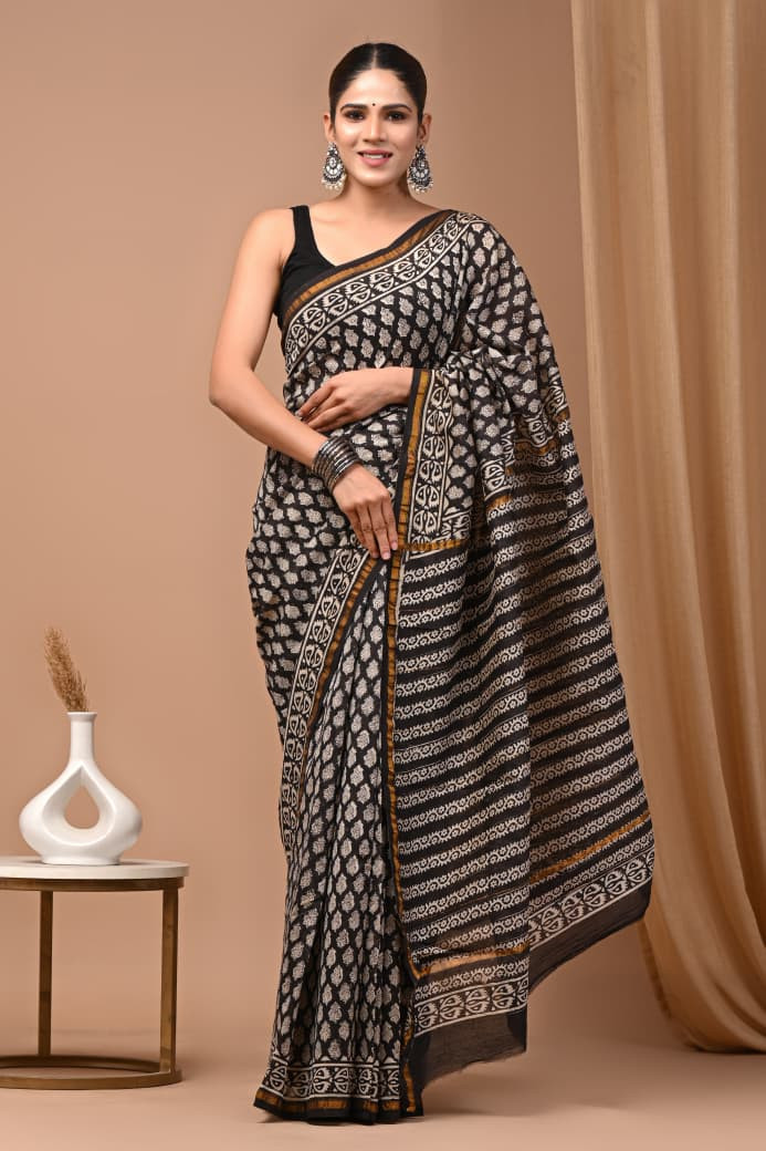 Black and White Hand Block Printed Traditional Silk Saree with Blouse: Natural Dyes & Colors