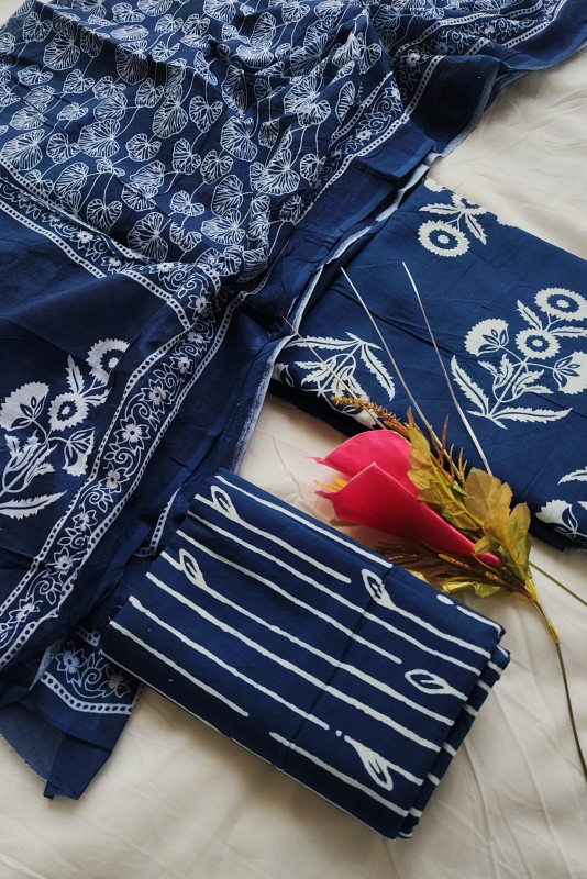 Indigo Hand Block Print Cotton unstitched suit  Material for Women 2.5 Mtr top and 2.5 Mtr Bottom  and  2.5 Mtr Dupatta