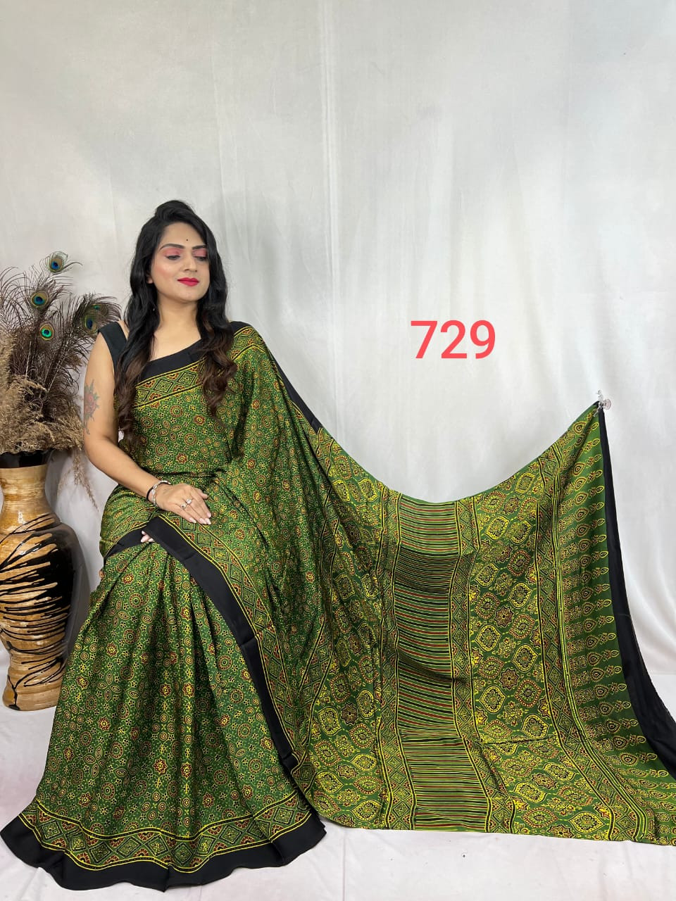 Green & Black Ajrakh Hand Block Print Modal Silk Saree.
