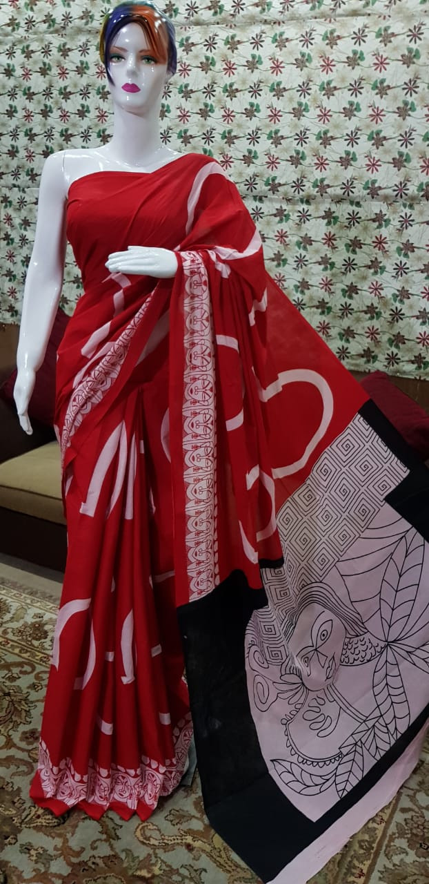 Vibrant Red Cotton Saree with Abstract White Motifs and Tribal Art Pallu.