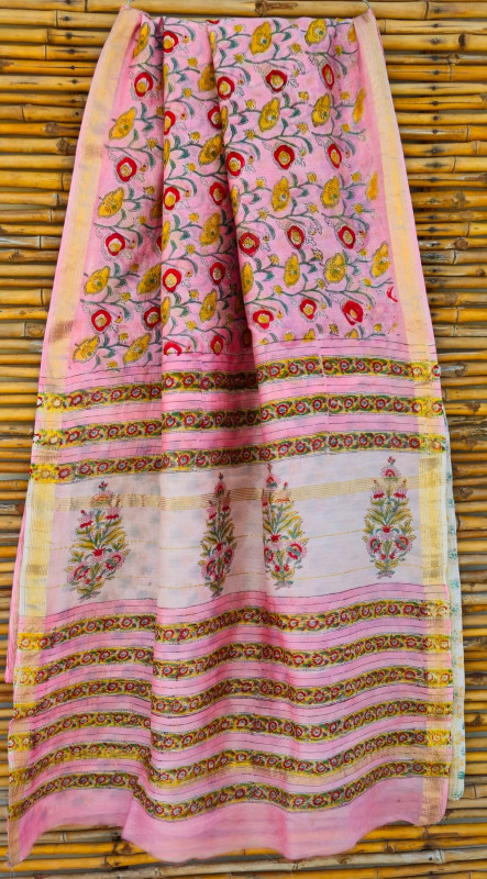 Blush Pink & Ivory Hand Block Printed Maheshwari Silk Saree with Blouse