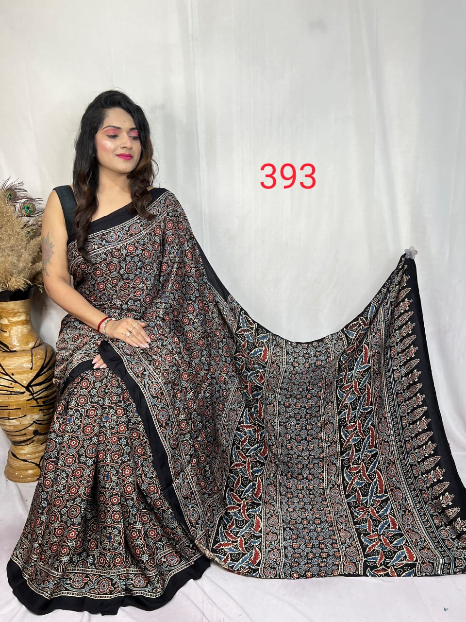 Black Modal Silk Ajrakh Print Saree