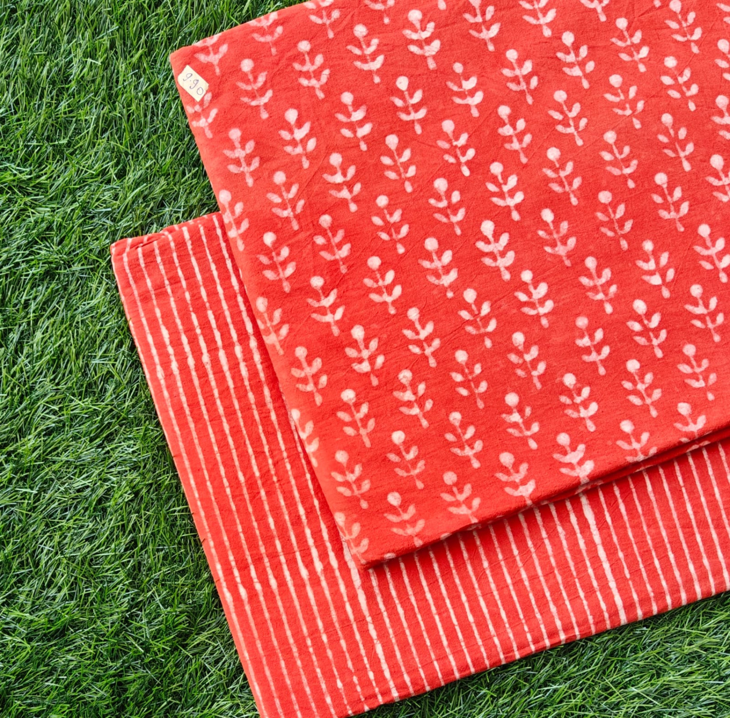 Cinnabar Red 'Leafy Booti & Thin Stripe' Hand-Block Bagru Dabu Print Cotton (60/60) Cambric Suit Set – Top 2.50 MTR + Bottom 2.50 MTR