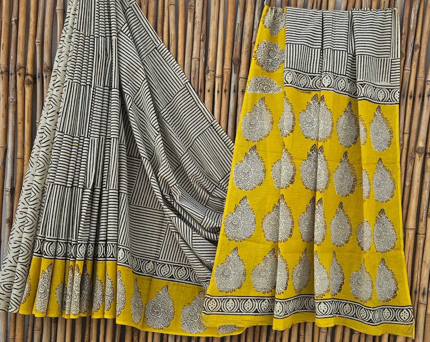 Mustard Yellow & Black Hand-Block Printed Mulmul Cotton Saree with Blouse (6.5 Meters, 92*80, 100% Pure Cotton Fabric)