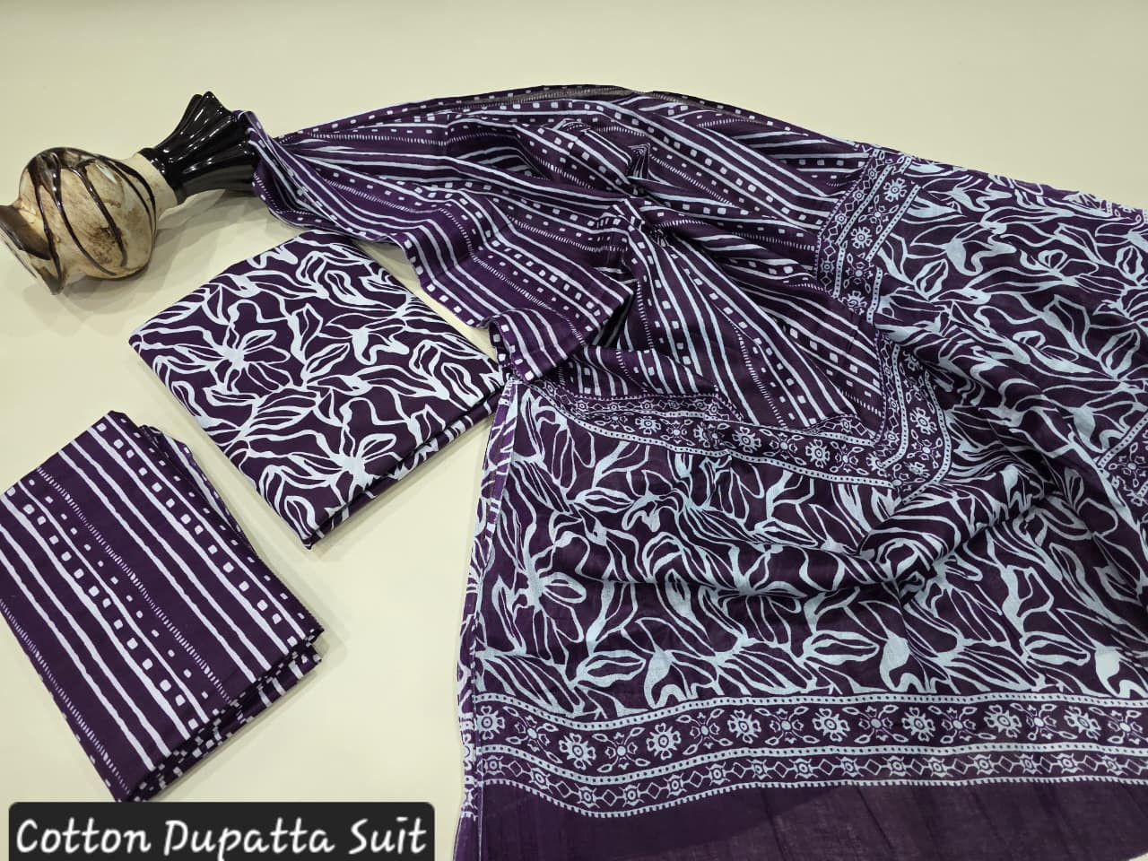 purple and white Jaipuri hand block print cotton dupatta suit.