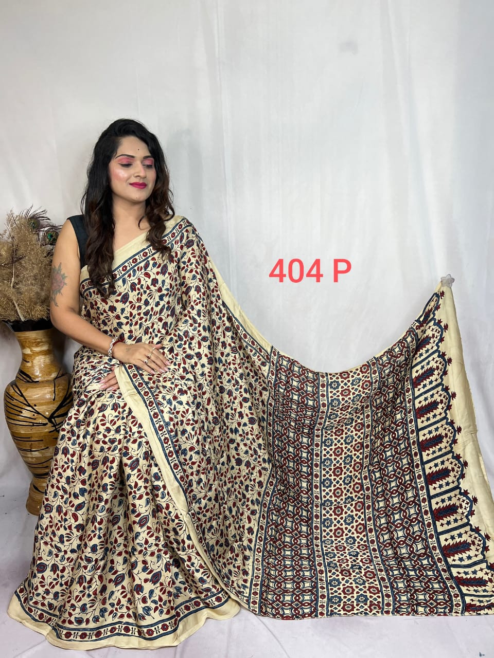 Beige & Multicolor Ajrakh Hand Block Print Modal Silk Saree.
