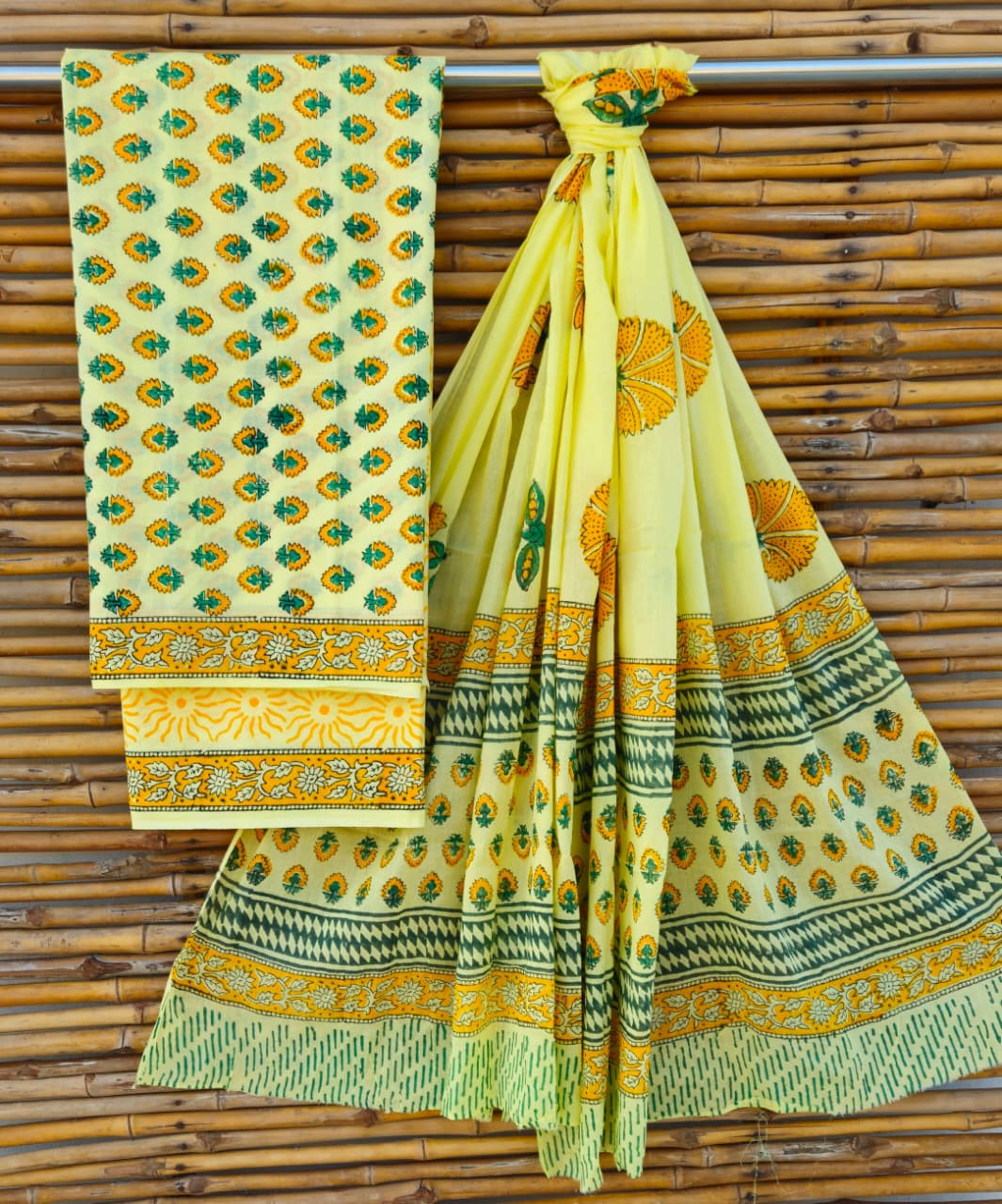 Sunny Yellow and Green Hand Block Print Cotton Suit Set
