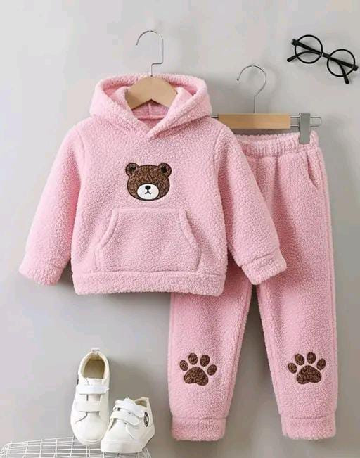 Pink Teddy Fleece Hoodie and Jogger Set with embroidered bear face and paw prints.