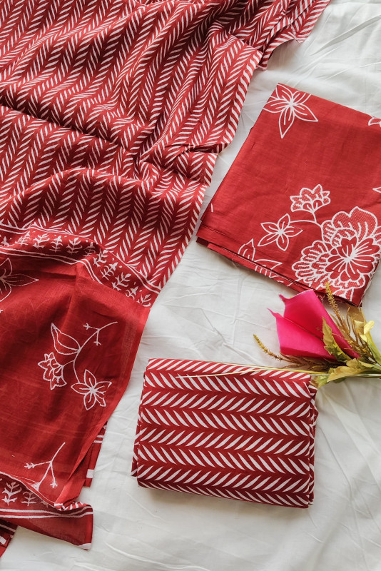 Red Hand Block Print Cotton unstitched suit  Material for Women 2.5 Mtr top and 2.5 Mtr Bottom  and  2.5 Mtr Dupatta