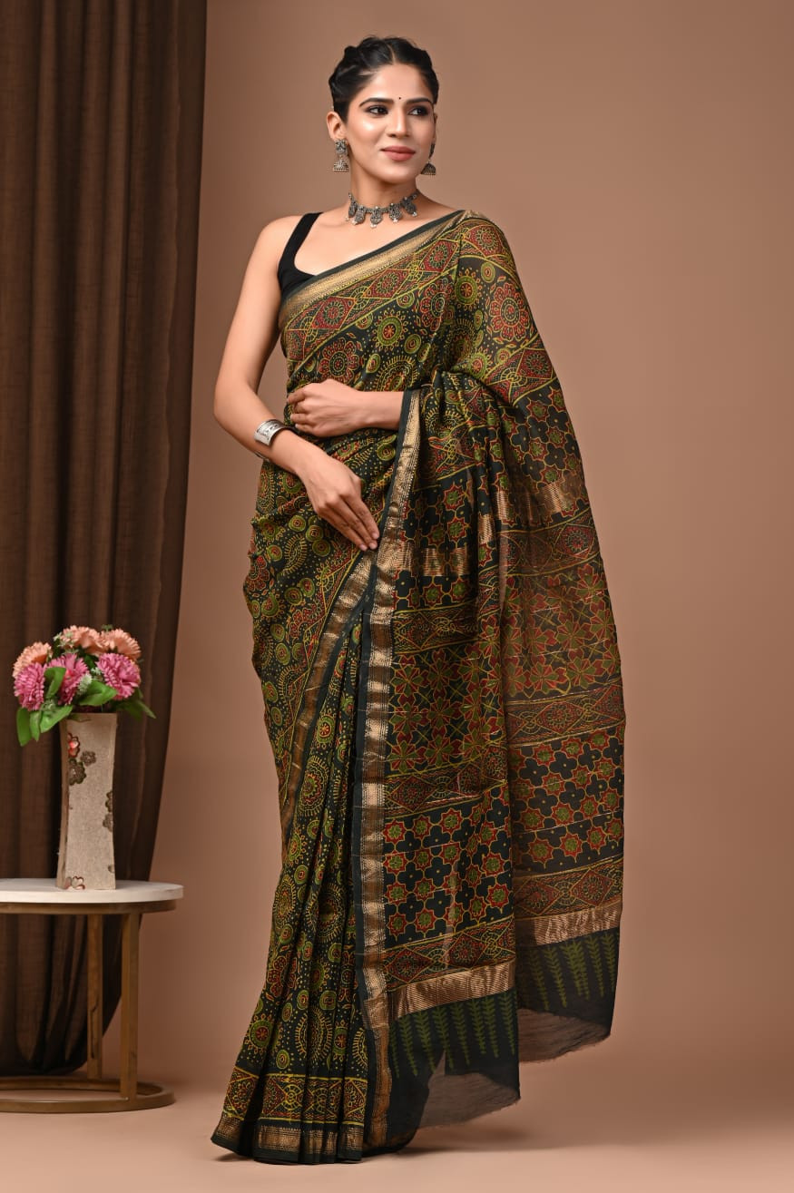 Black and Red Maheshwari Silk Saree with a Gold Border and Hand Block Print/Bagru Print.