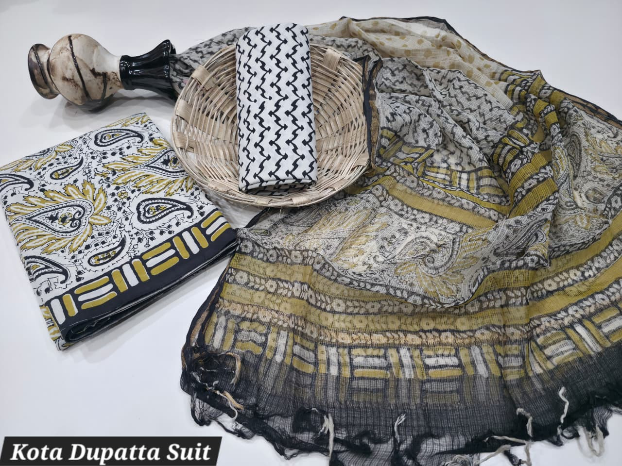 Black Yellow Hand Block Print Cotton Kota Doria Suit Set