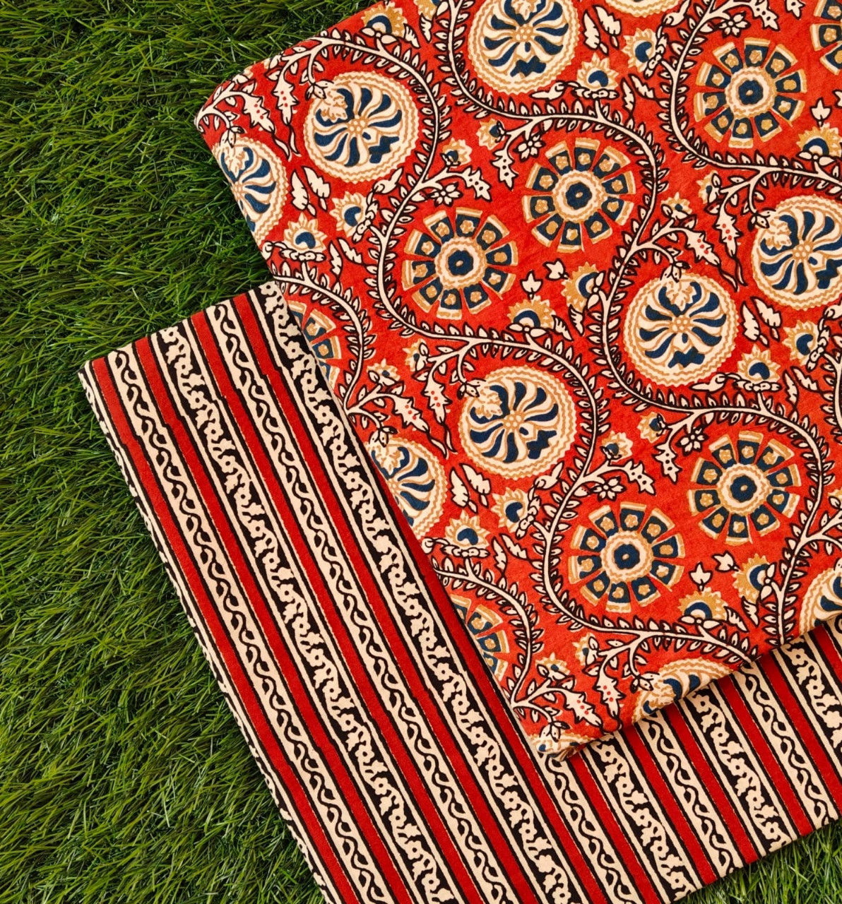 Red, Black & Beige/Gold Floral and Striped Dabu Bagru Hand Block Print Cotton (60/60) Cambric Unstitched Suit Material (Top 2.50 MTR + Bottom 2.50 MTR)