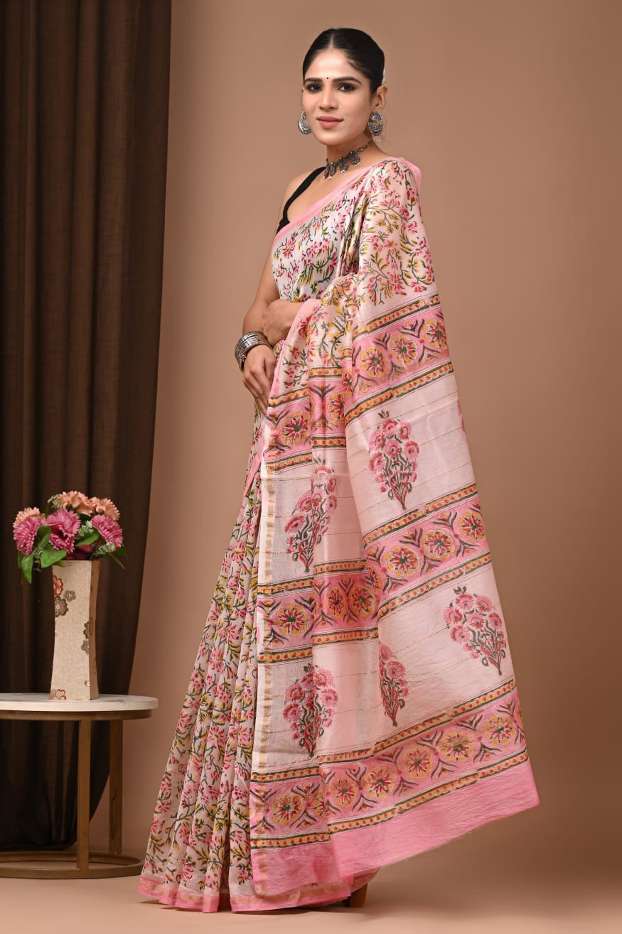 "Narmada Pink" Hand Block Printed Maheshwari Silk Saree with Blouse