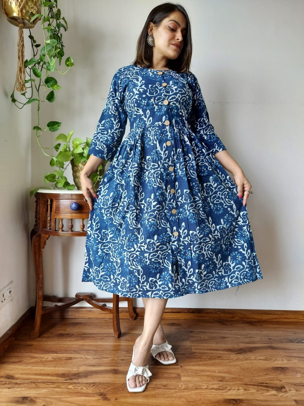 Indigo Blue and White Cotton Hand Block Printed One Piece Dress with a round neckline and front button placket.