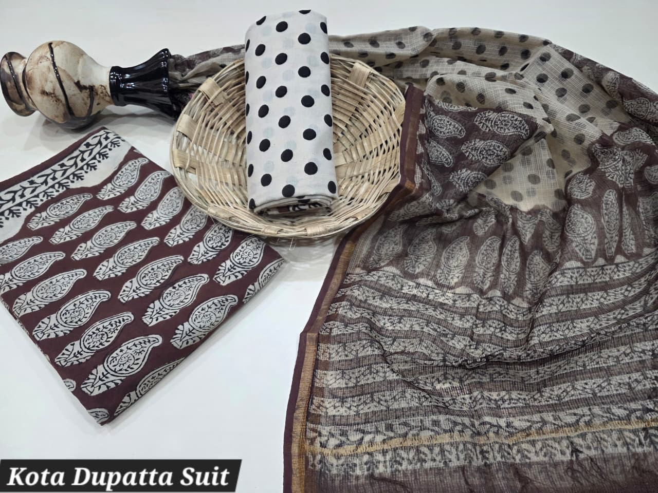 "Brown Dabu Print Cotton Unstitched Suit Set with Kota Doria Dupatta"