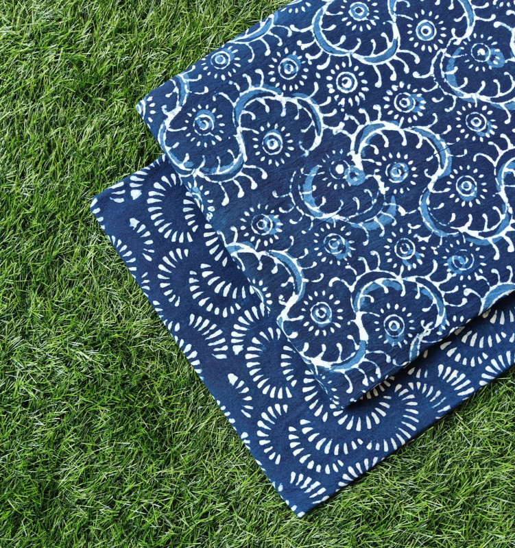 Indigo Blue Dabu & Bagru Hand-Block Printed Cotton (60/60) Cambric Unstitched Suit Fabric Set