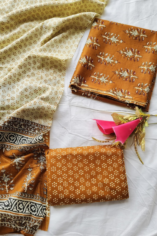Mustard Dabu Hand Block Printed Cotton unstitched suit  Material for Women 2.5 Mtr top and 2.5 Mtr Bottom  and  2.5 Mtr Dupatta