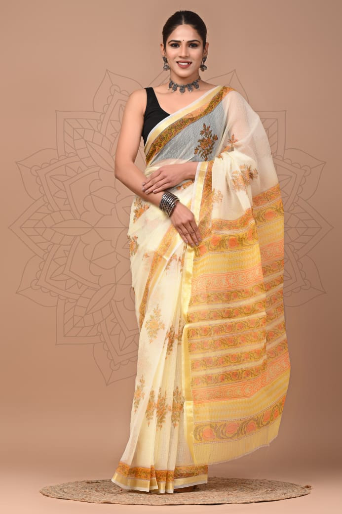 White & Yellow Hand Block Printed Kota Doria Saree