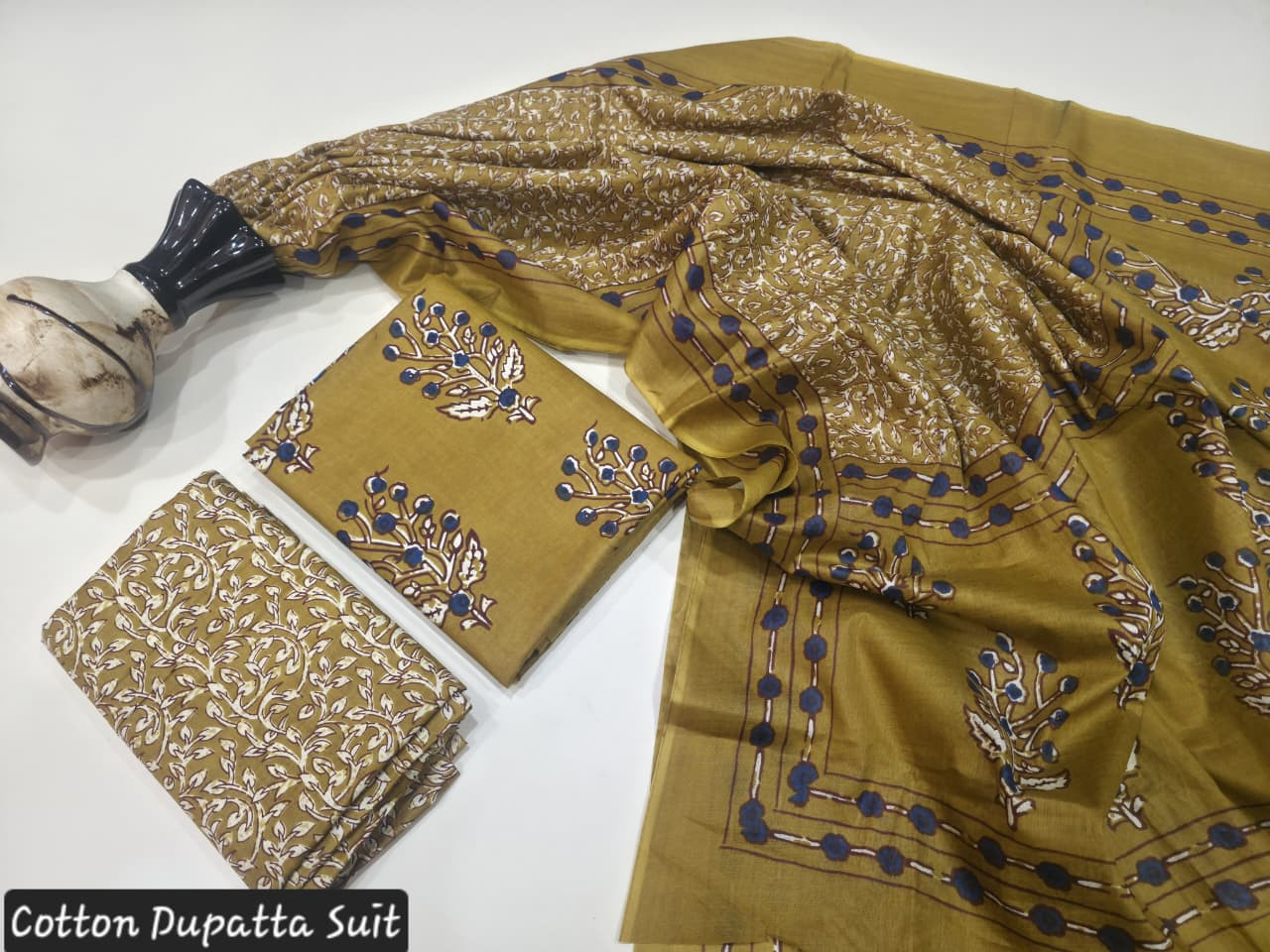 Mustard Yellow and Olive Green Hand Block Printed Cotton Dupatta Suit.