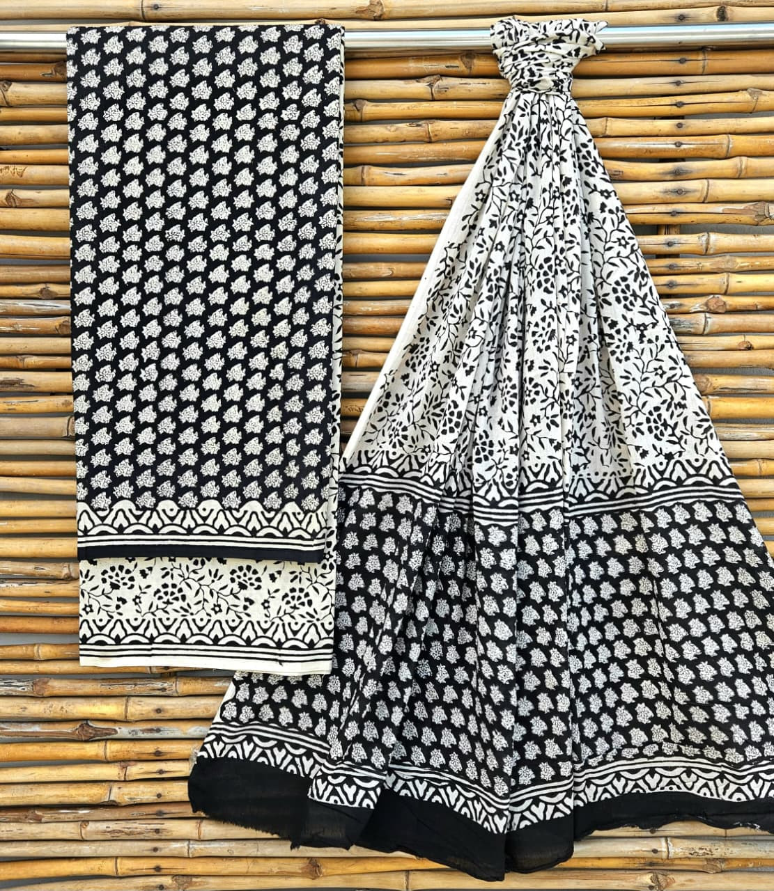 Classic Black & White Jaipuri Hand-Block Print Cotton Suit Set