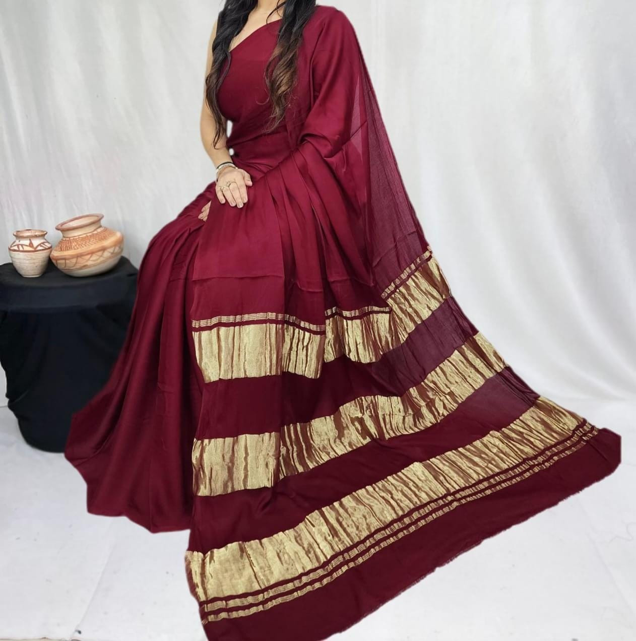 Maroon Pure Modal Silk Saree with 3 Lagdi Patta Tissue Pallu (Length-6.50 mtr with Width-46 inches)