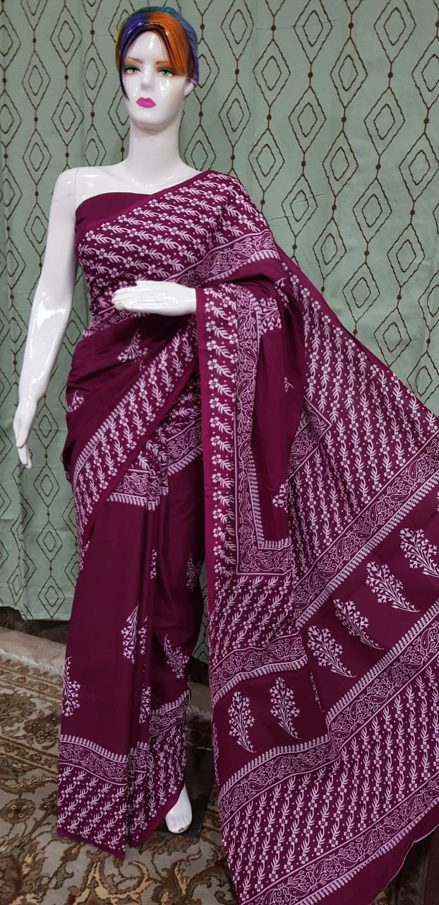 Deep Magenta Cotton Saree with Traditional White Floral Block Prints and Patterned Borders.