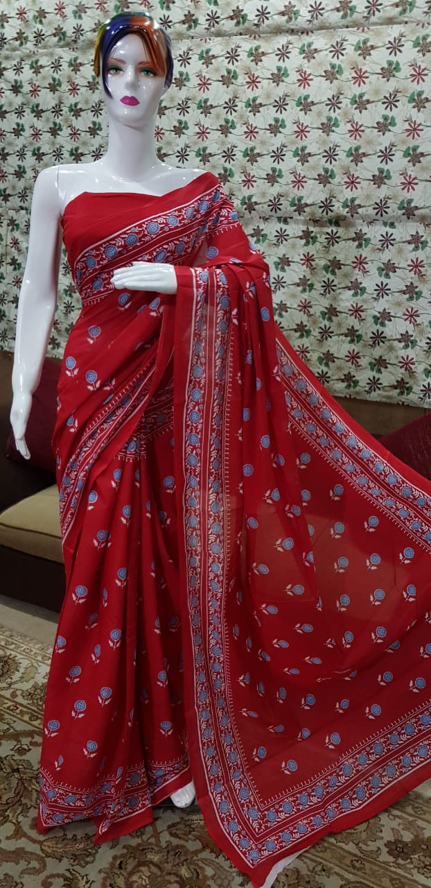 Vibrant Crimson Red Cotton Saree with Blue Floral Block Prints and Patterned Borders.