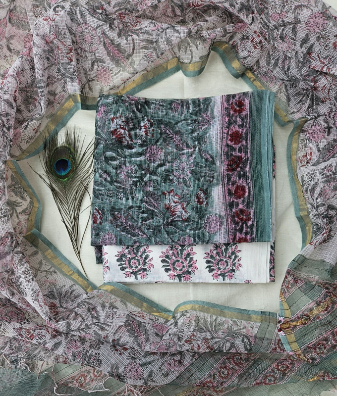 Grey and Pink Handblock Printed Cotton Kota Doria suit 2.5m top & dupatta and 2.5m cotton cambric bottom