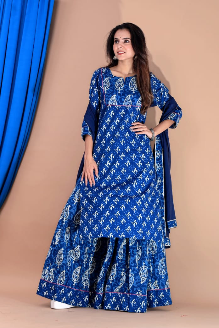 Blue Dabu hand block Printed long kurta