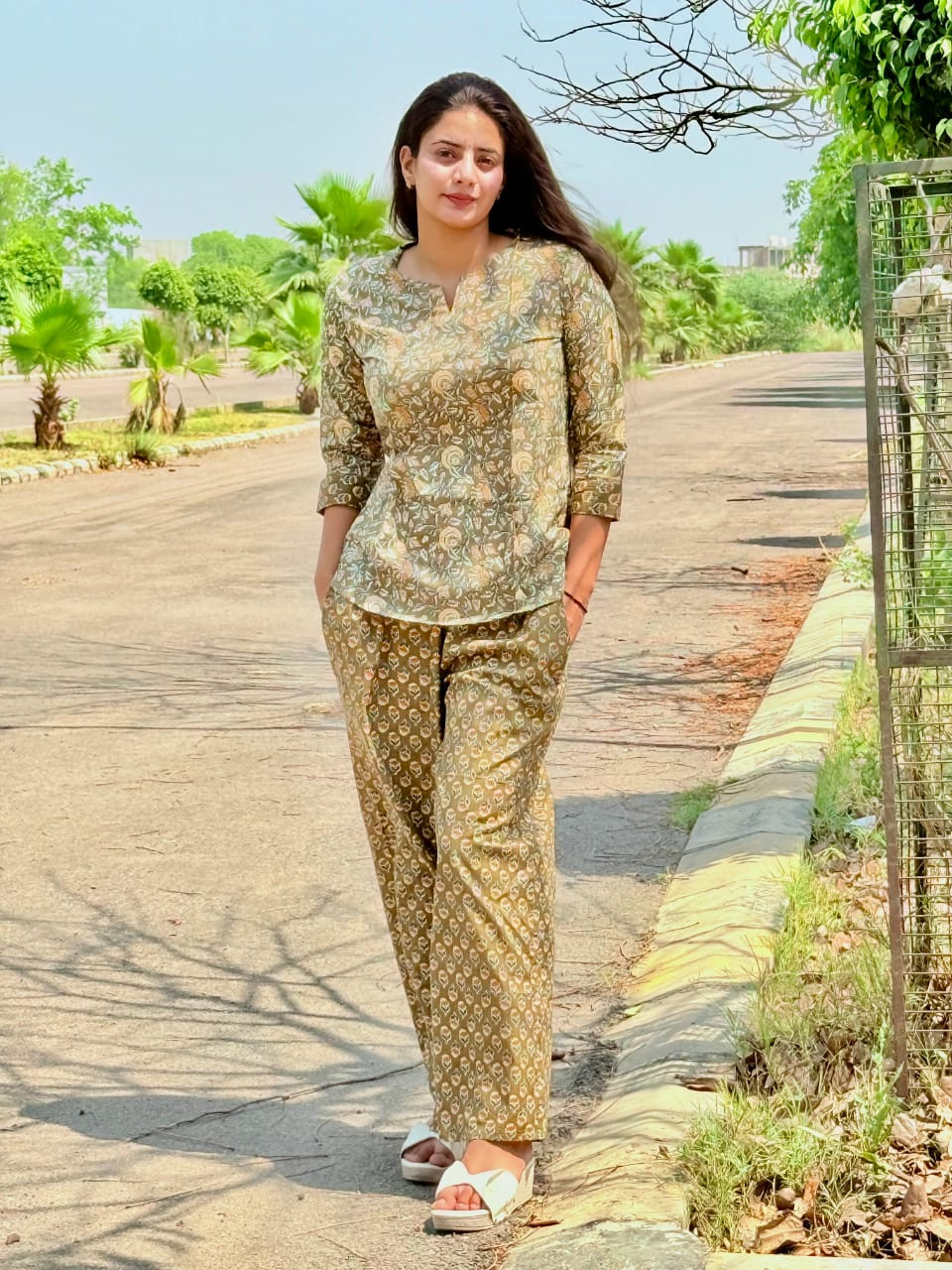 Olive Green Floral Vine Print Cotton Co-ord Set.