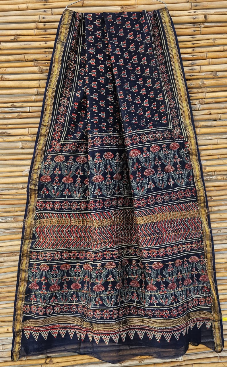 Navy blue Maheshwari silk cotton blend hand block print saree with zari border