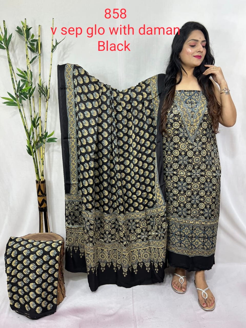 Black Gold Paisley & Geometric Printed Cotton Saree