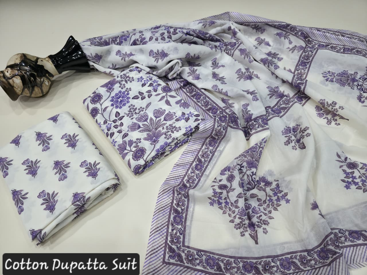 Purple and White Hand Block Printed Cotton Dupatta Suit.