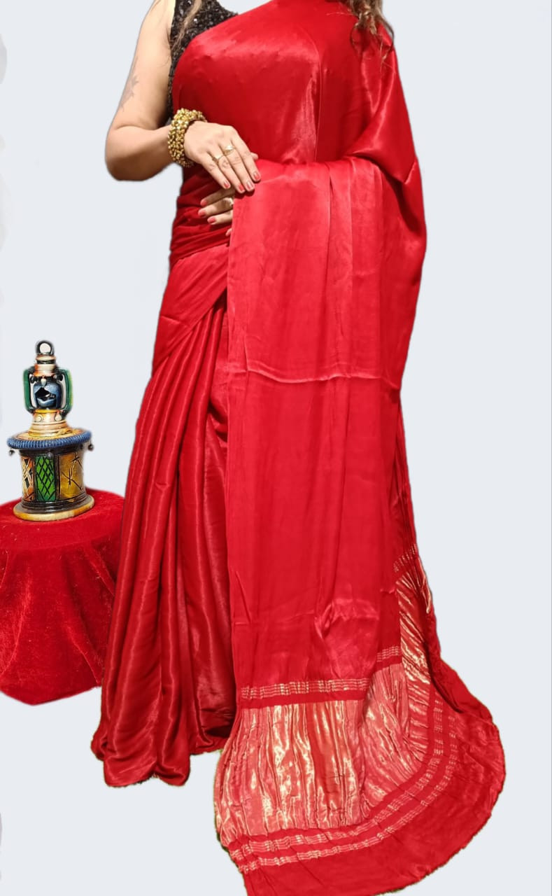 Red Modal Silk Plain Dyed Saree with Subtle Gold Zari Border