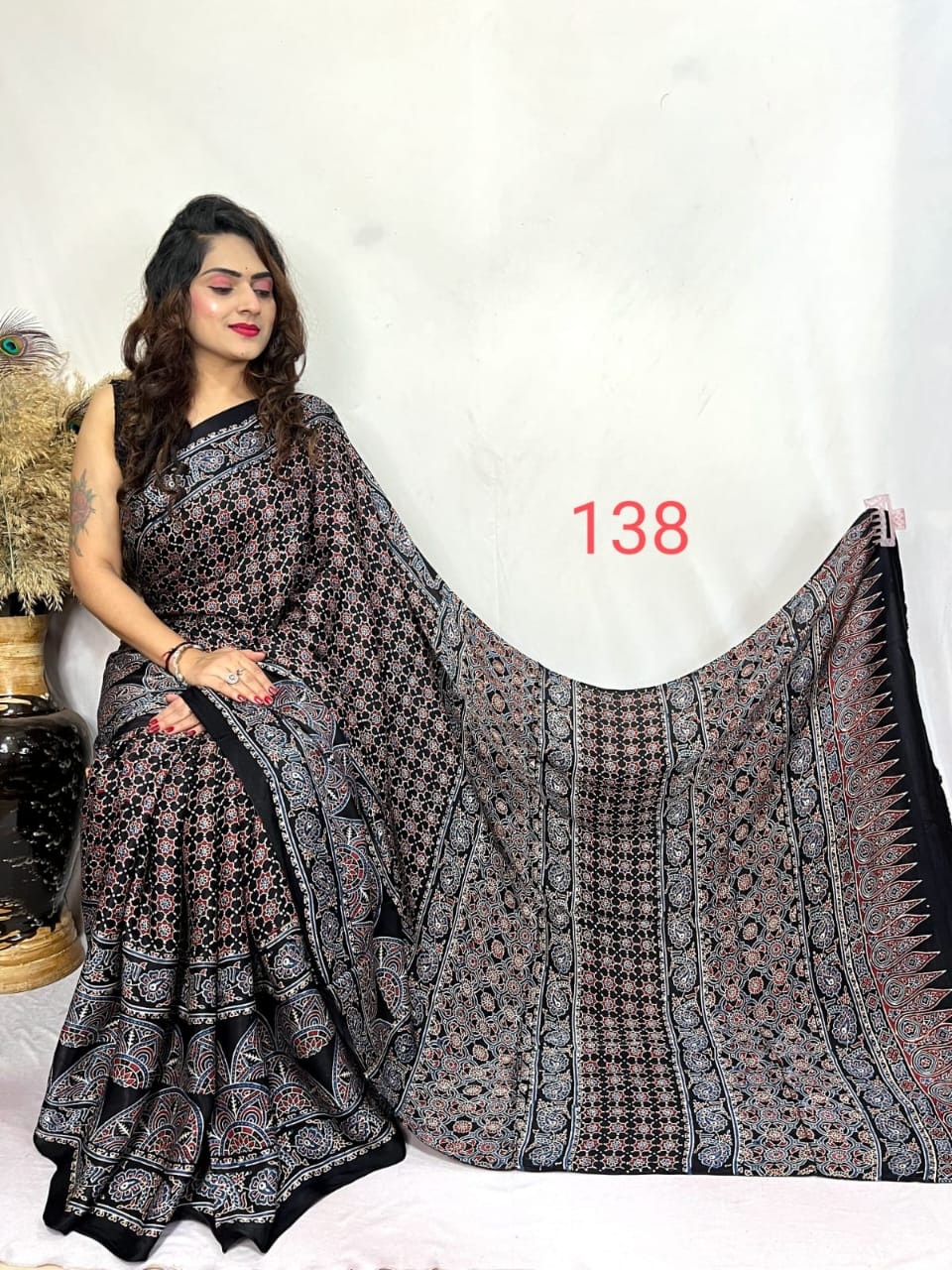 Black, Red, and Blue Ajrakh Hand Block Printed Modal Silk Saree