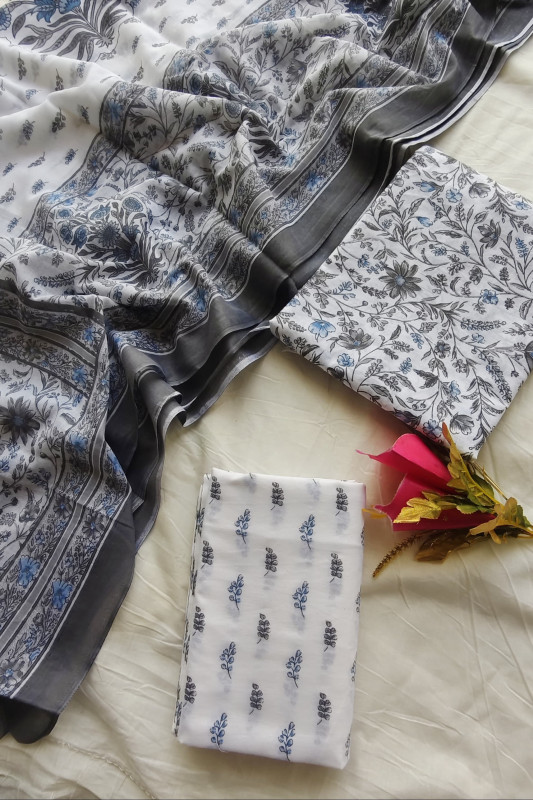 white and grey (or slate blue) hand block print cotton unstitched suit  Material for Women 2.5 Mtr top and 2.5 Mtr Bottom  and  2.5 Mtr Dupatta