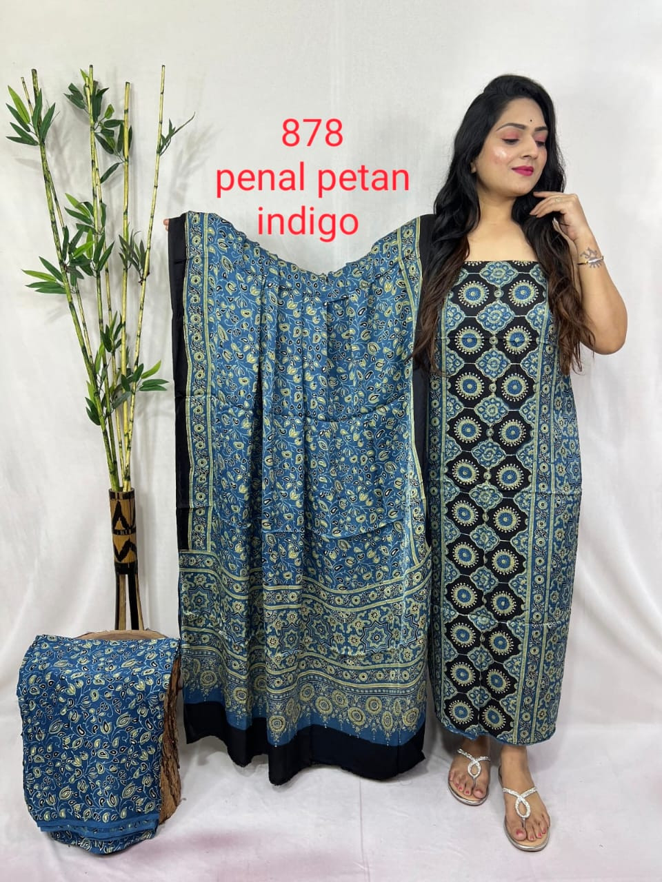 Indigo Blue Floral & Geometric Printed Cotton Saree Suit Set