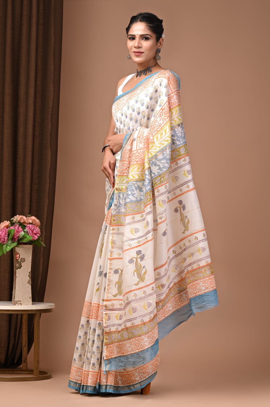 "Azure Bloom" Hand Block Printed Chanderi Silk Saree with Blouse Piece