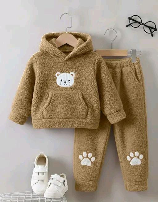Khaki Teddy Fleece Hoodie and Jogger Set with embroidered bear face and paw prints.