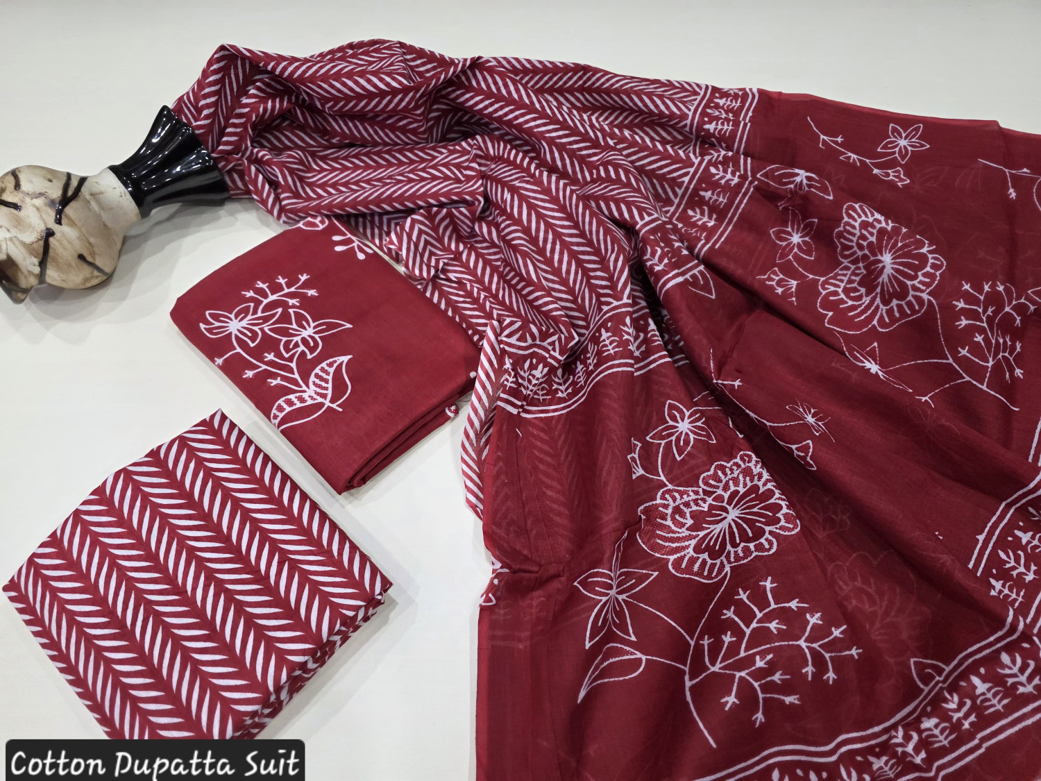 Maroon and White Hand Block Printed Cotton Dupatta Suit.