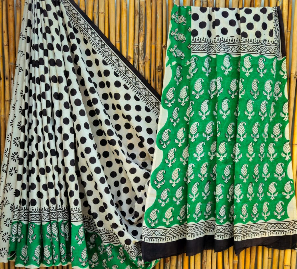 Black & White Polka Dot Hand-Block Printed Mulmul Cotton Saree with Green Border & Blouse (6.5 Meters, 92*80, 100% Pure Cotton Fabric)