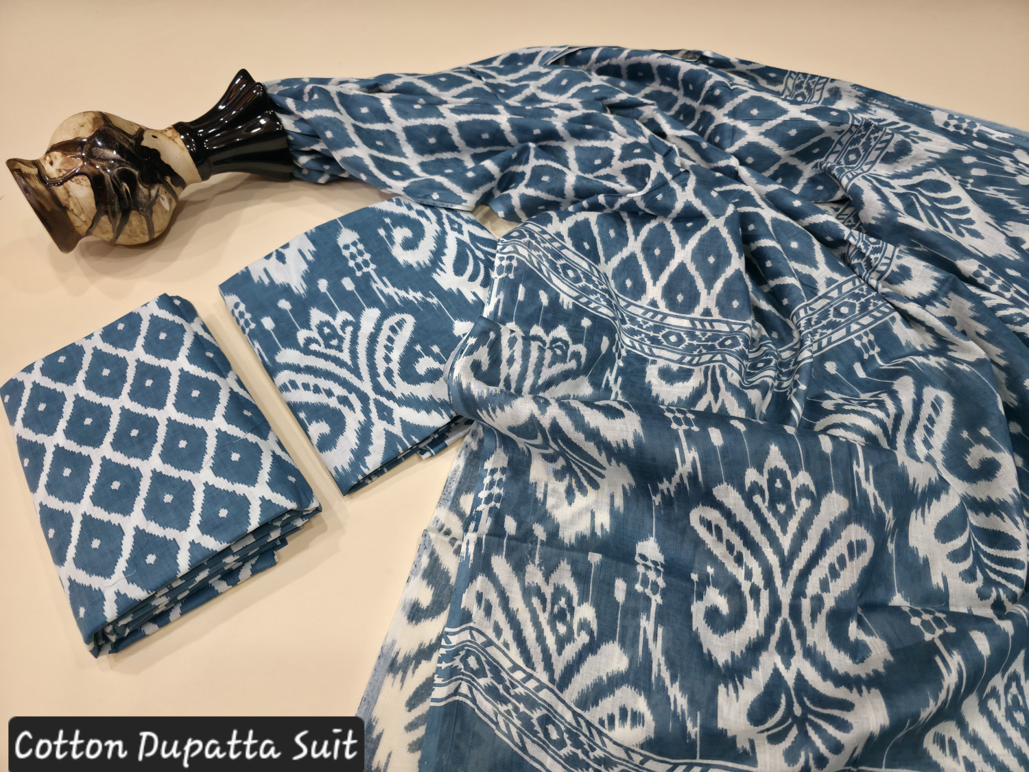 Indigo Blue/Teal Blue Ikat or Ajrakh Block Print cotton dupatta suit.
