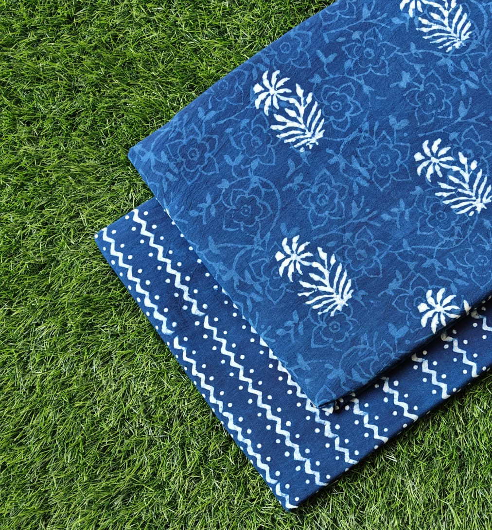 Indigo Blue 'Leafy Bunch & Wavy Stripe' Motif Hand-Block Bagru Dabu Print Cotton (60/60) Cambric Suit Set – Top 2.50 MTR + Bottom 2.50 MTR