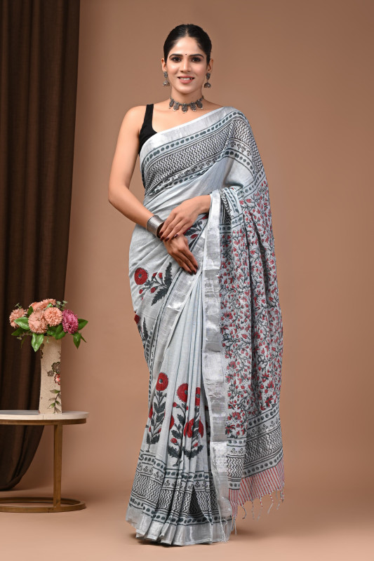 Light Grey  Hand Block Printed Linen Cotton Saree