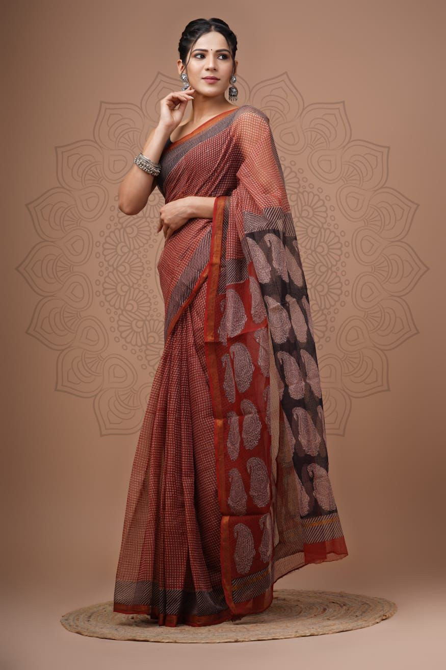 Red & Black Hand Block Printed Kota Doria Saree
