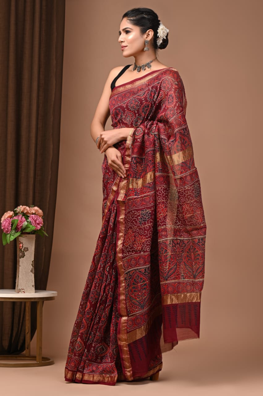 Maroon Maheshwari Silk Saree with Gold Border and Hand Block Print.