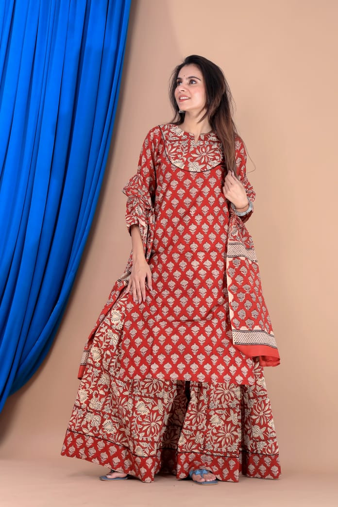 Red & Beige Hand Block Print Cotton Kurta & Sharara Suit Set with Dupatta