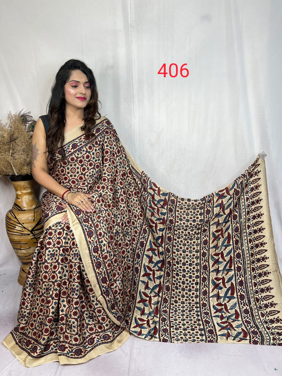 Beige & Multicolor Ajrakh Hand Block Print Modal Silk Saree.