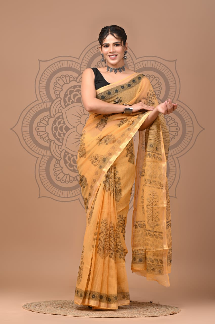 Orange & White Hand Block Print Kota Doria Saree