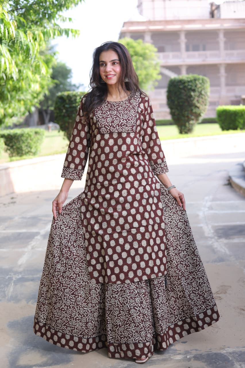 Maroon and beige cotton long Kurta and Skirt Set